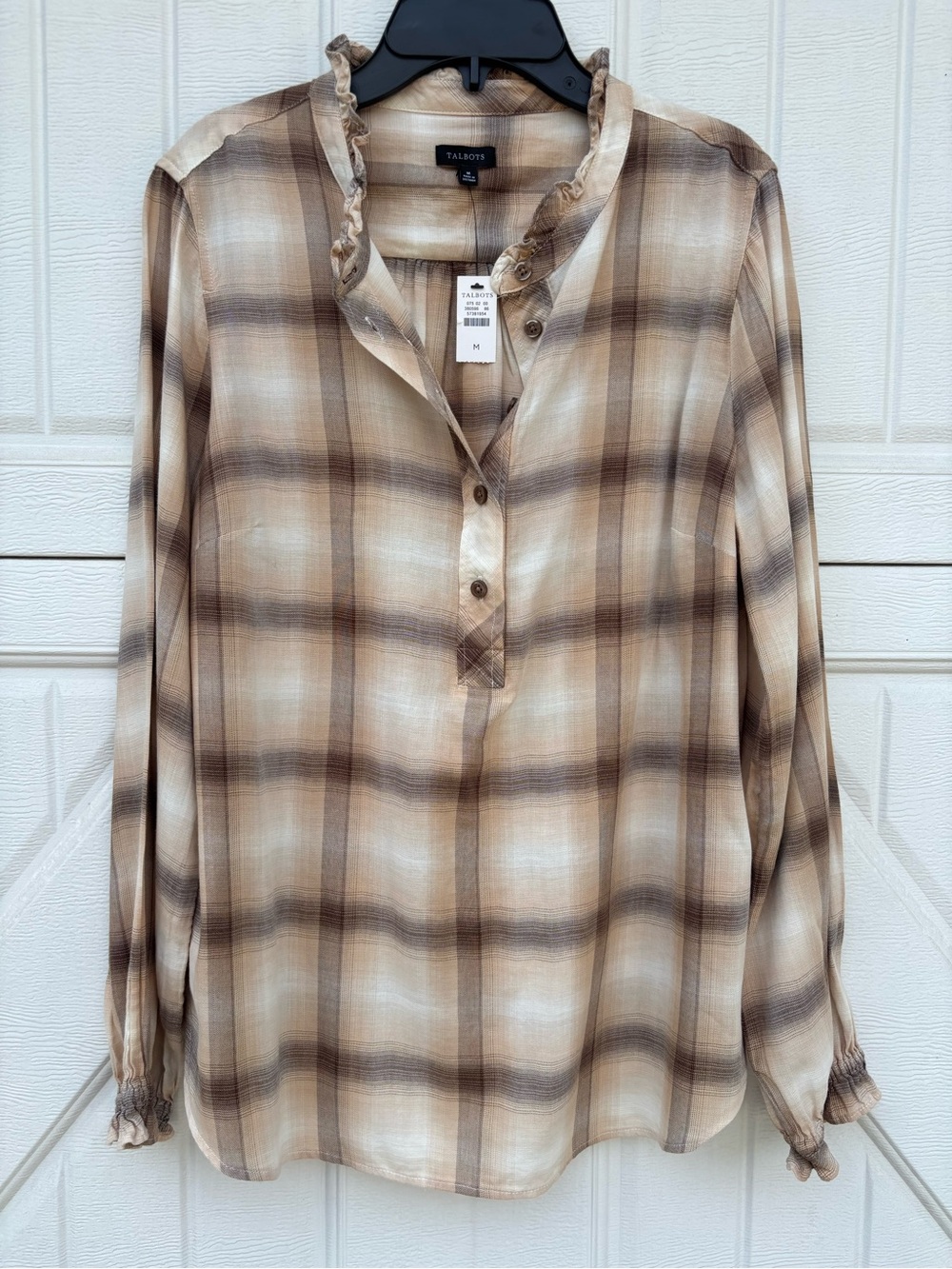 Talbots Plaid Ruffle Neck Popover Blouse Women’s M Brown Tan NWT